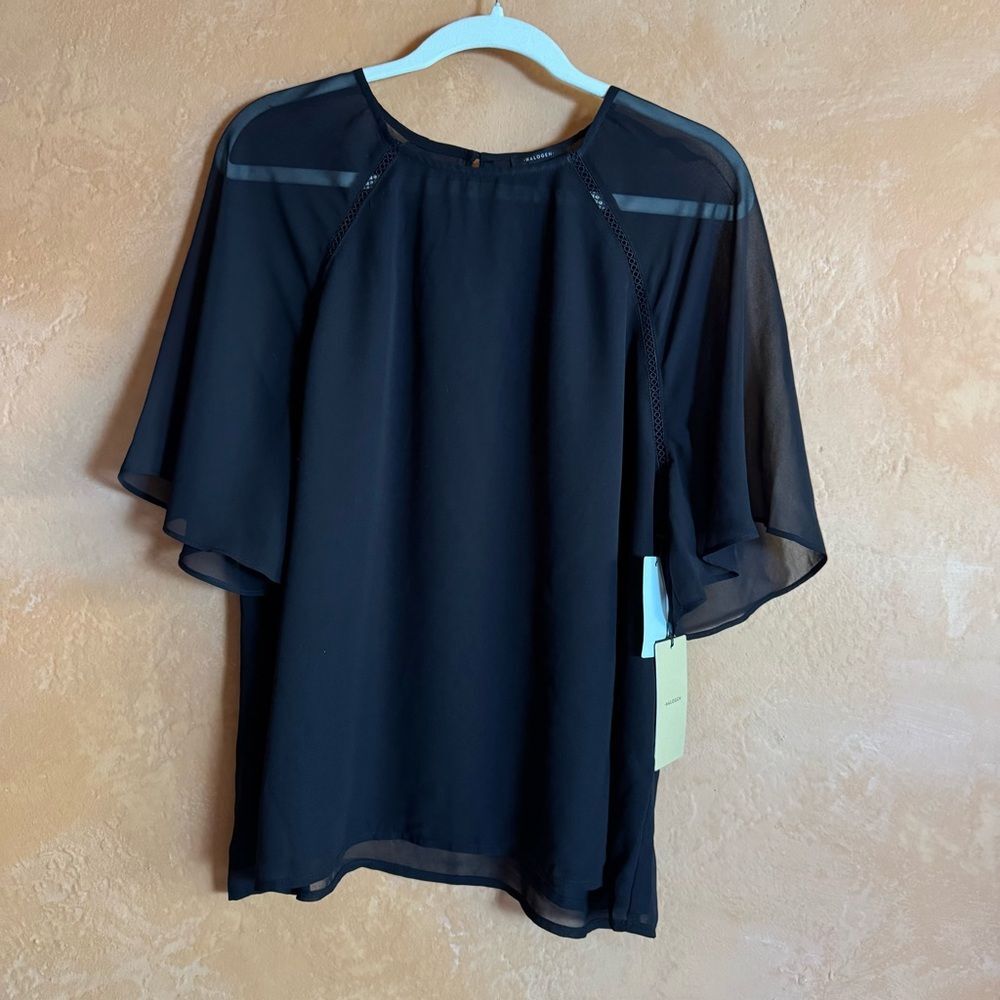 Halogen Black Sheer Sleeve Blouse Size L NWT Flowy Workwear Top